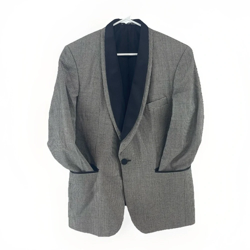 Oscar de la Renta Men's Blazer 37S Black Trim Shawl Collar Houndstooth‎ USA Made